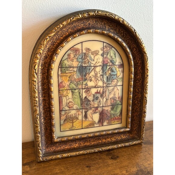 Vintage ARTINI Framed Engraving Jewish Scenes Judaica Judaism Hand Painted Art